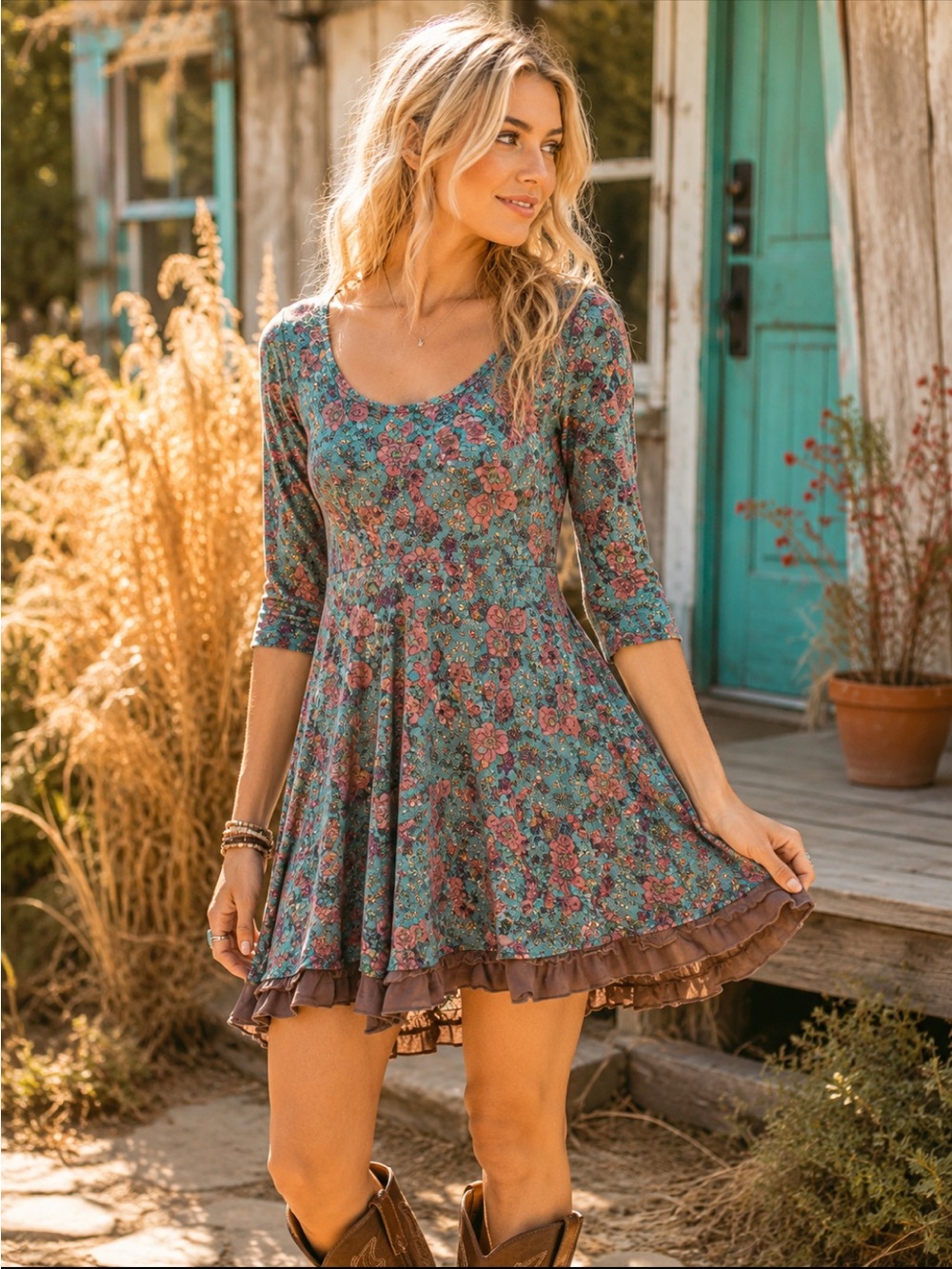 Feather Clothing USA Women’s Floral Boho Dress Size S/M Teal Ruffle Hem